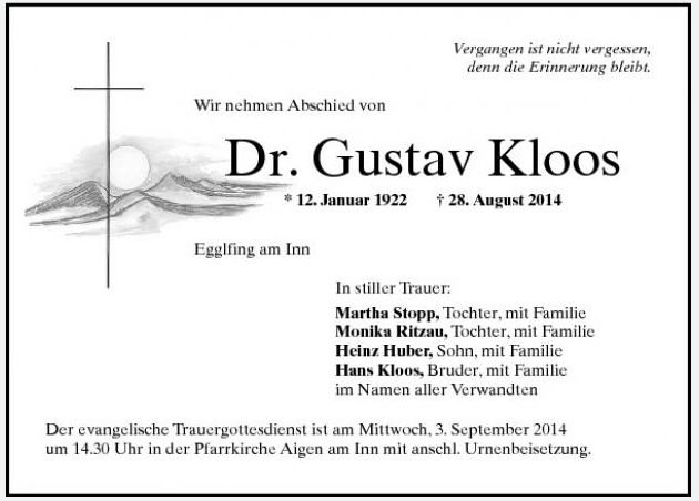 Kloos Gustav 1922-2014 Todesanzeige